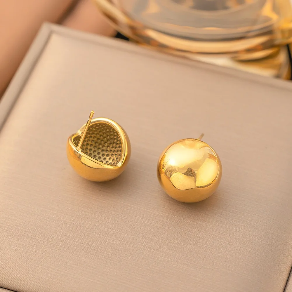 Stainless Steel Original Design Classic Geometric Hollow Round Ball Stud Earrings for Women Charm Gold Color Jewelry Colorfast