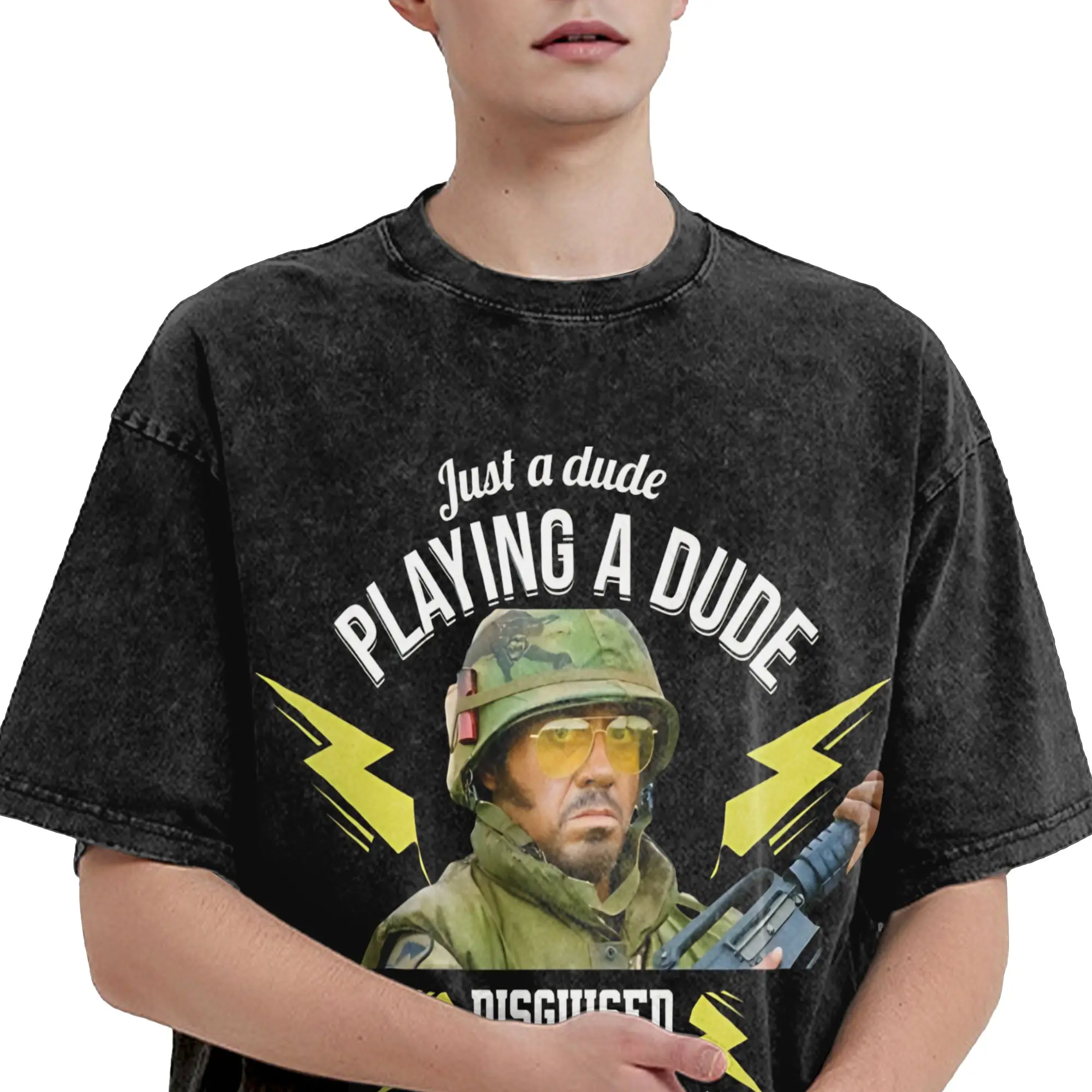 Harajuku Washed Shirt Just a dude Tropic Thunder  Outfit Fashion T-Shirts Harajuku  Streetwear Short Sleeve Summer Tees