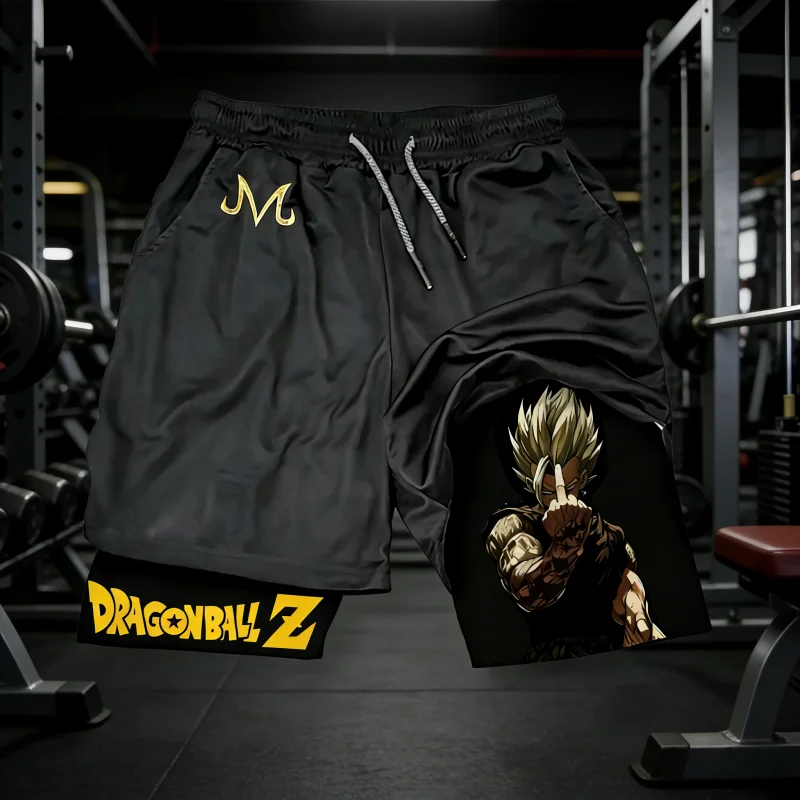 2026 Sommer Dragon Ball Doppellagige Sportshorts für Herren, Majin Vegeta Aufdruck, Schnelltrocknende Fitness-Workout-Shorts, Übergroße Y2k