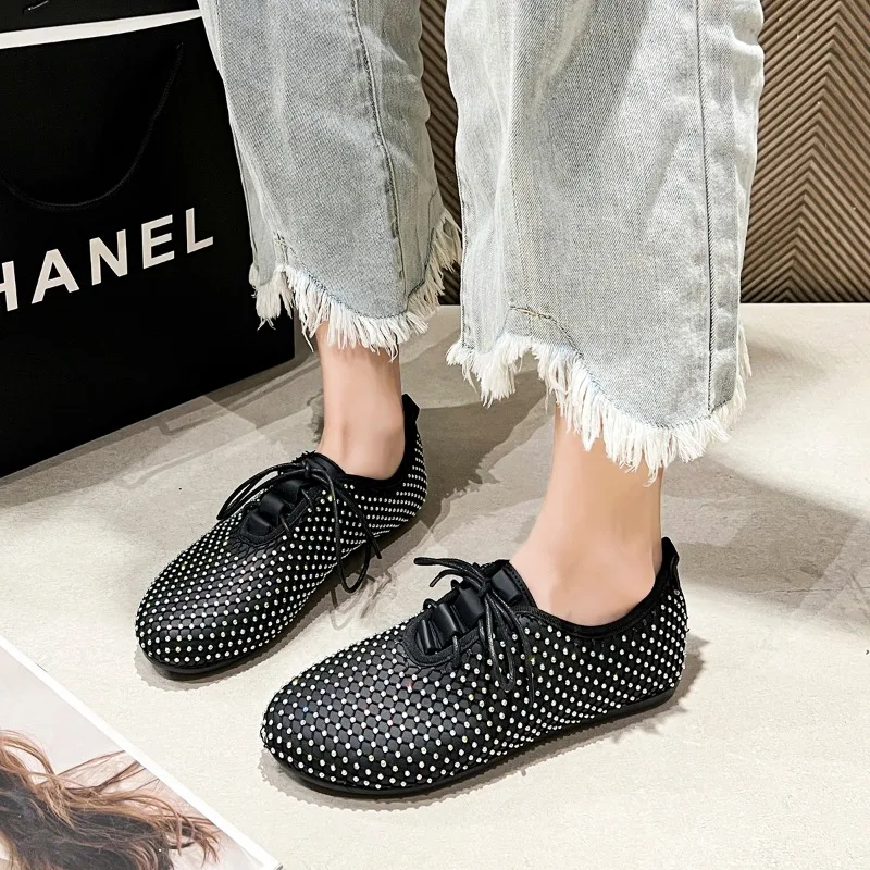 2024 New Fashion Simple Women\'s Rhinestone Lace Up Elegant Solid Color Latin Dance Flat Shoes