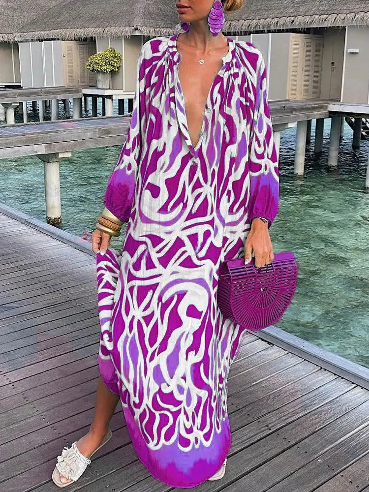 Vrouwen Vintage Maxi Jurken 2023 Zomer Sexy Diepe V-Hals Lange Mouw Boho Print Jurken Dames Strand Cover Up Elegant Gewaad