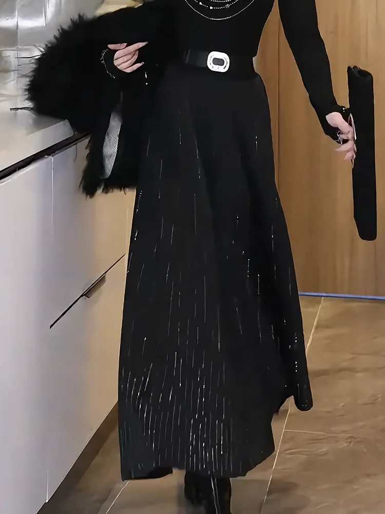 

Модная черная шерстяная юбка миди А-силуэта с богатой отделкой, осенне-зимняя, с высокой талией, для зрелых женщин