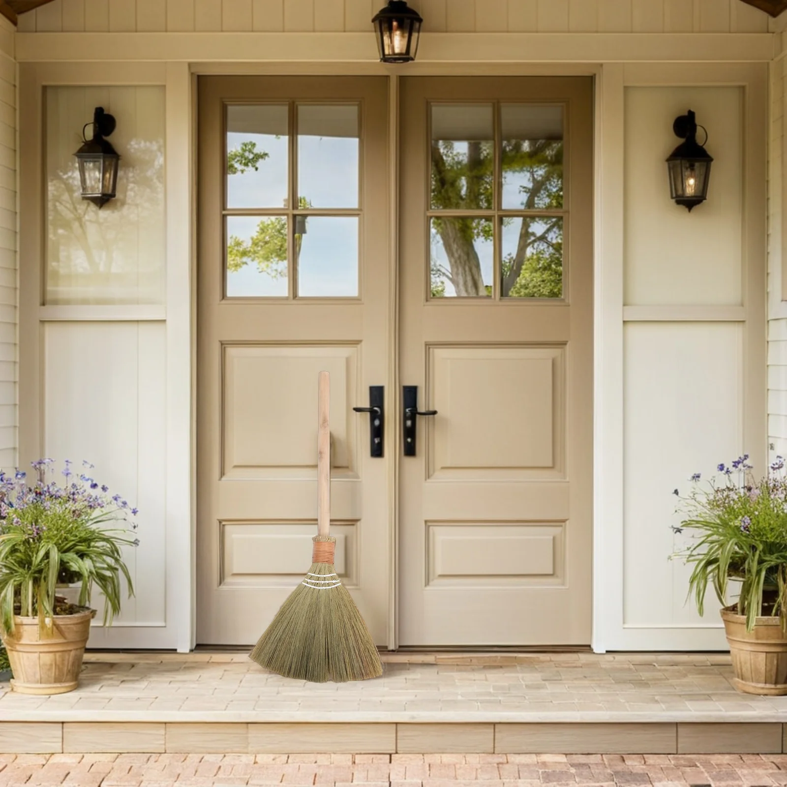 

Soft Indoor Miscanthus Broom Lightweight Flat Sweeper Detachable Handle for Hardwood Floor Kitchen Living Room Bedroom