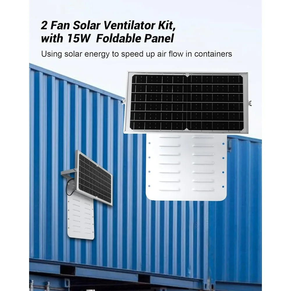 نظام تهوية يعمل بالطاقة الشمسية لحاويات الشحن، طقم مروحتين مع لوحة شمسية قابلة للطي بقدرة 15 وات، مقاومة للطقس ضد المطر و #1
