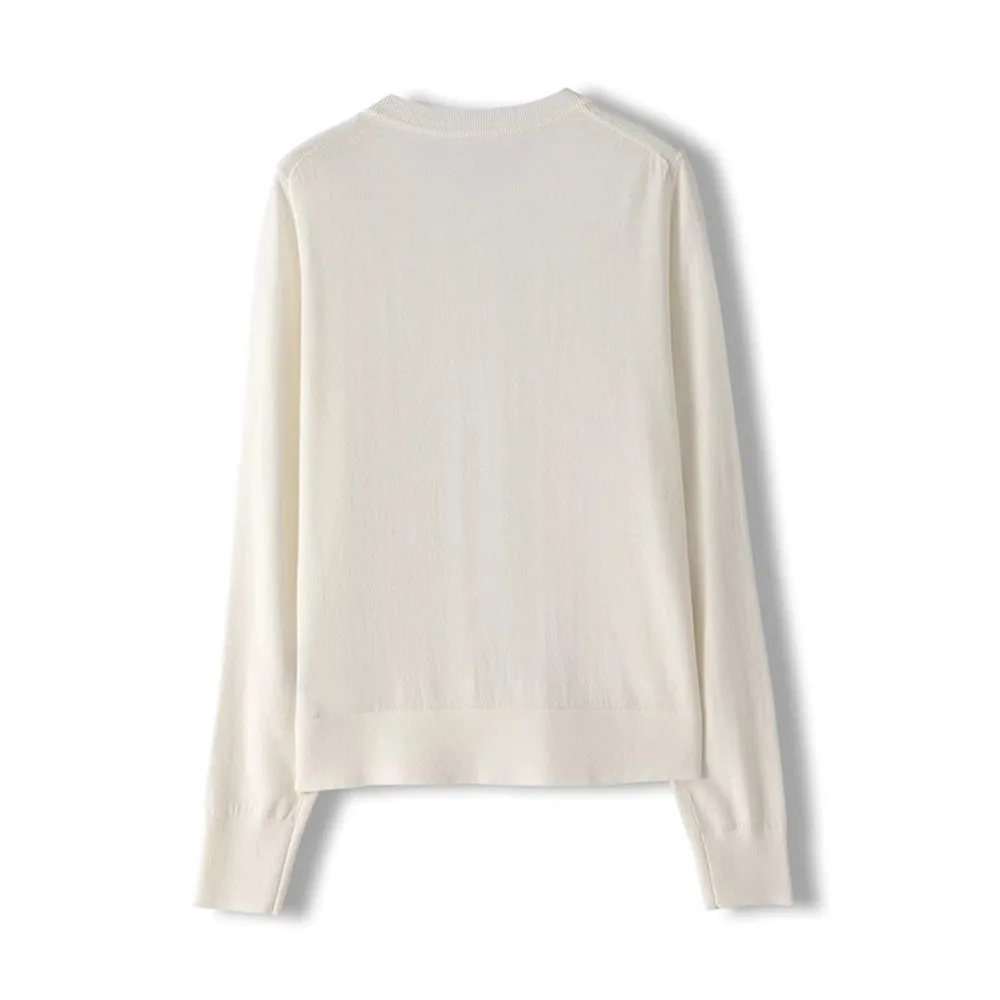 Cárdigan de punto de manga larga para mujer, mezcla de lana empalmada con cuello redondo, cadena de cuentas para uñas, novedad de Otoño de 25