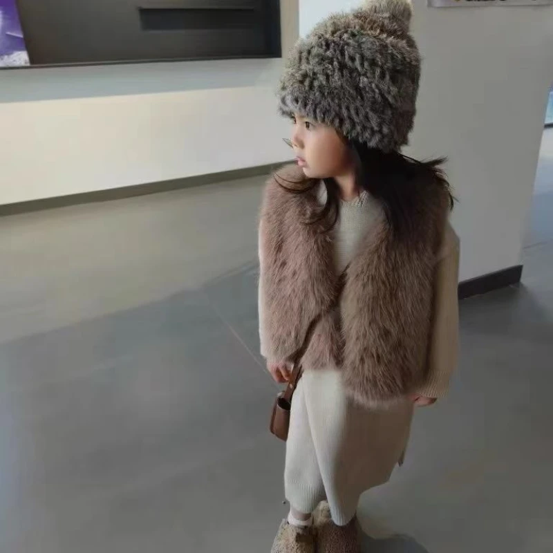 

2025 Winter Hot Selling New Children's Imitation Fox Fur Versatile Solid Color Stylish Thick Fur Tank Top Coat
