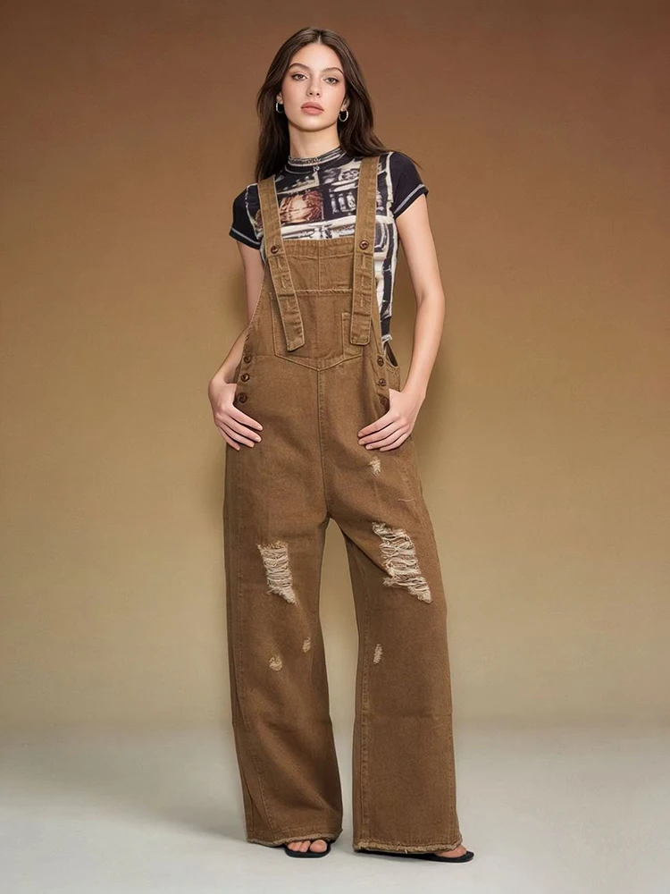 Fashion Retro Ripped Hole Denim Overalls Women New Versatile Loose Wide Leg Pants Streetwear Casual Pockets Jean Jumpsuits