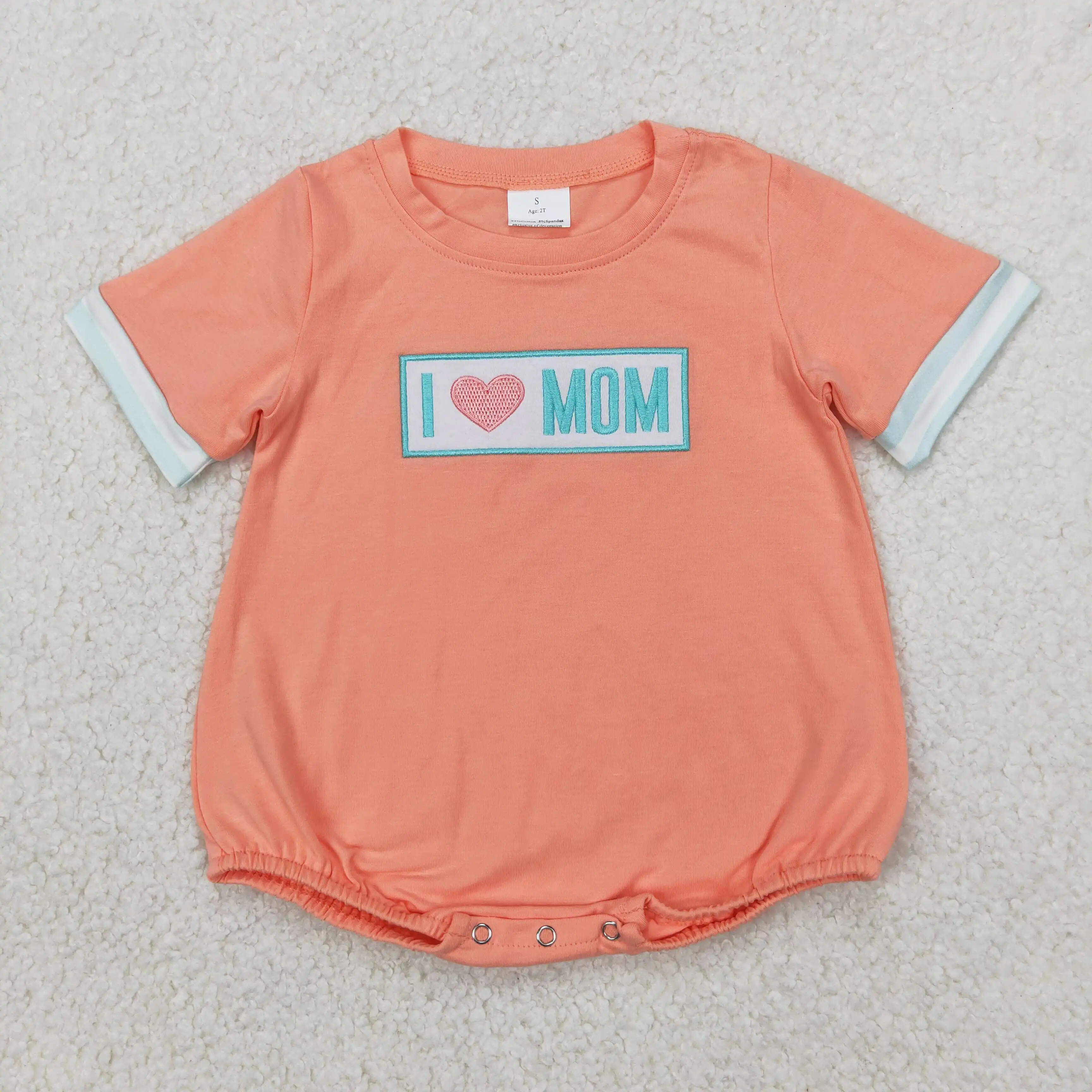 4.1y New stock baby boys summer romper wholesale boutique embroidery i love mom green striped orange short sleeve rompers