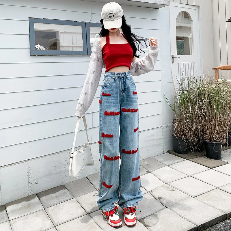 High quality long jeans for women wide leg letter embroidery cotton denim casual young ladies vintage trousers - blue black