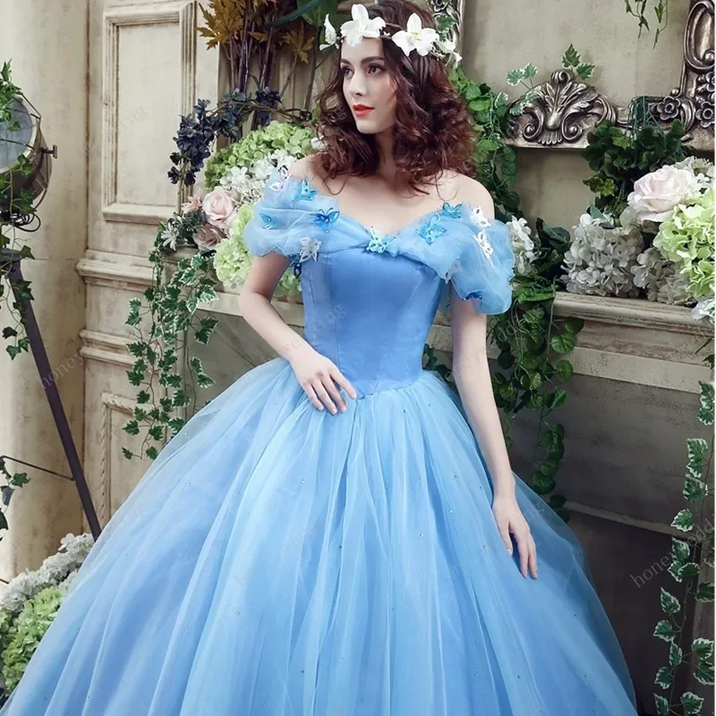 Dostosowane wróżki Vestidos De Dulces 16, suknie na Quinceanera, jasnoniebieskie, z odkrytymi ramionami, z motylem, słodkie 15, balowe na bal maskowy