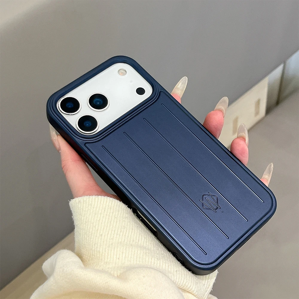 Gegalvaniseerde 3D zakelijke kofferstrepen telefoonhoesje voor iPhone 17 Air 16 15 14 Plus 13 Pro Max Matte harde PC hoes met logo