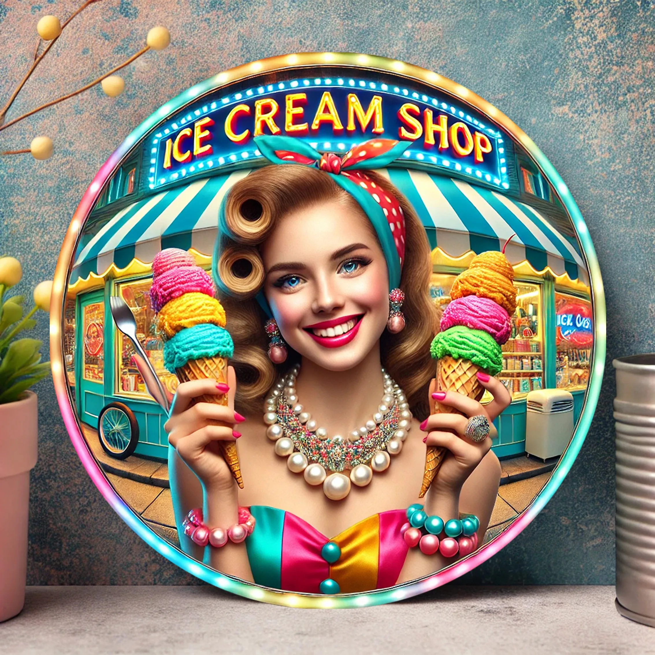 2D Retro Metal Sign, Vintage Ice Cream Parlor Wall Art, Neon Style Glow Decor,  Fun Girl Design, Battery-Free Indoor Wall