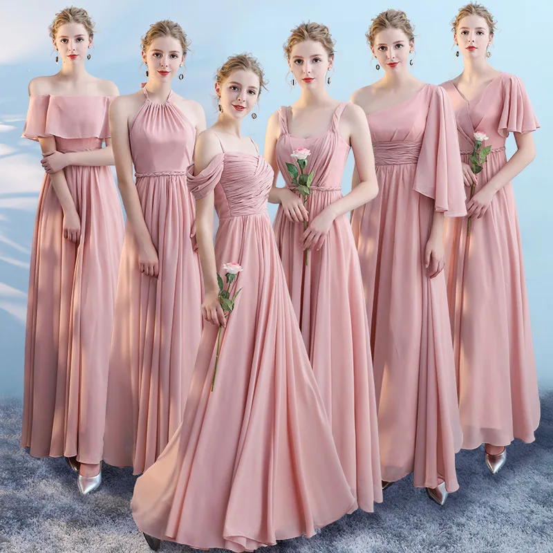 

annual party banquet evening pink chiffon off-shoulder bridesmaid causal host's dress