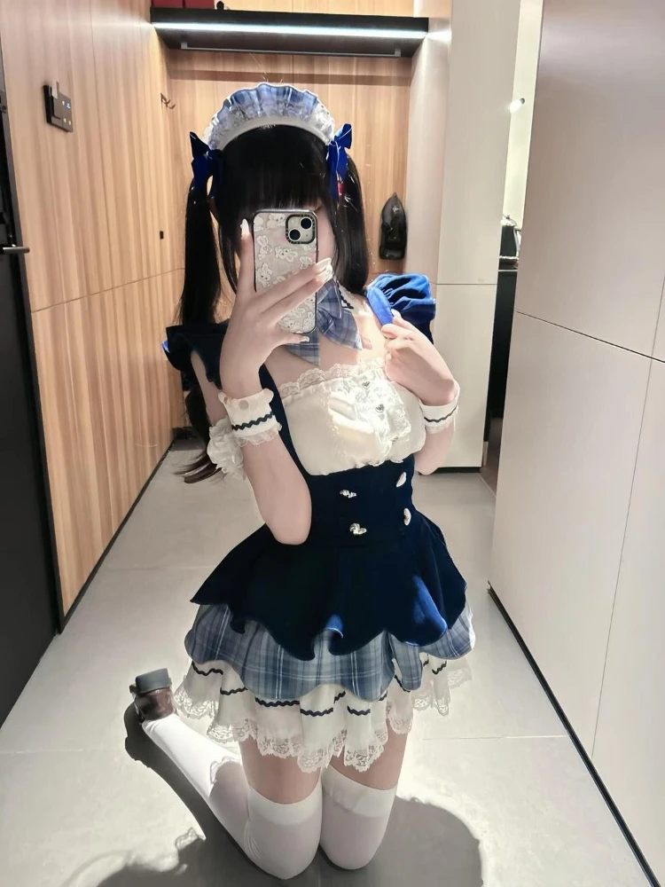 Summer Japanese Style Sweet Kawaii Lolita 2 Piece Set Slash Neck Tops + Plaid High Waist Design Mini Skirt Cosplay Daily Outfits