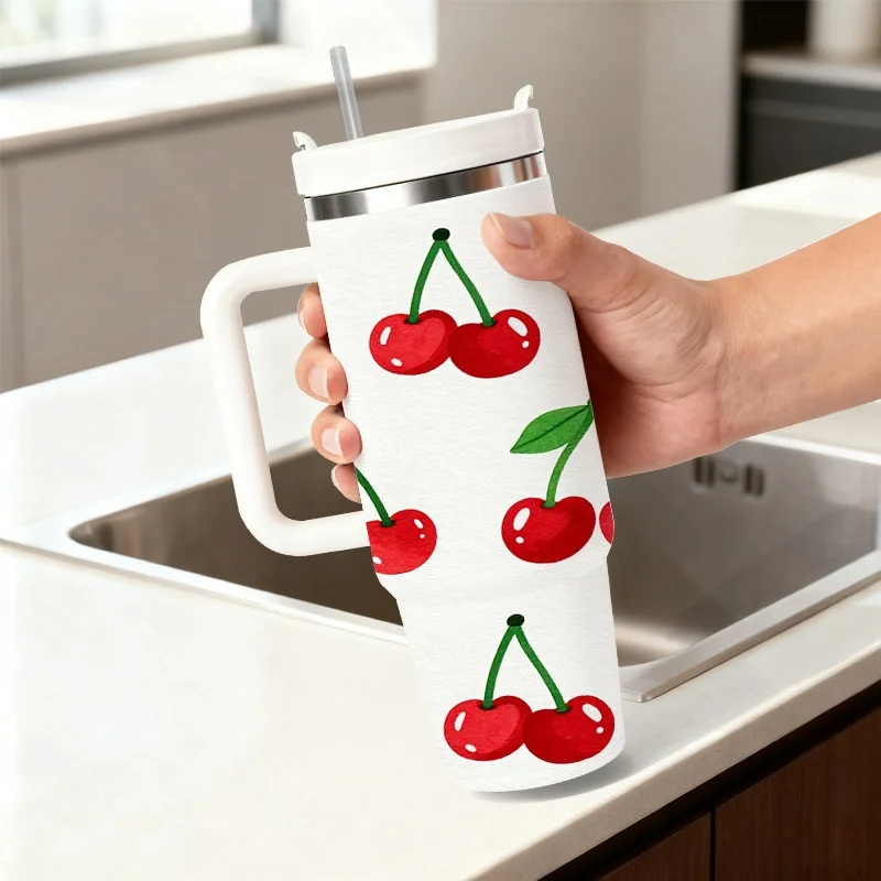 40oz Watercolor Red Cherry Green Leaf Print Insulated Stainless Steel Travel Tumbler With White Handle Straw Lid Large Thermal Water Cup