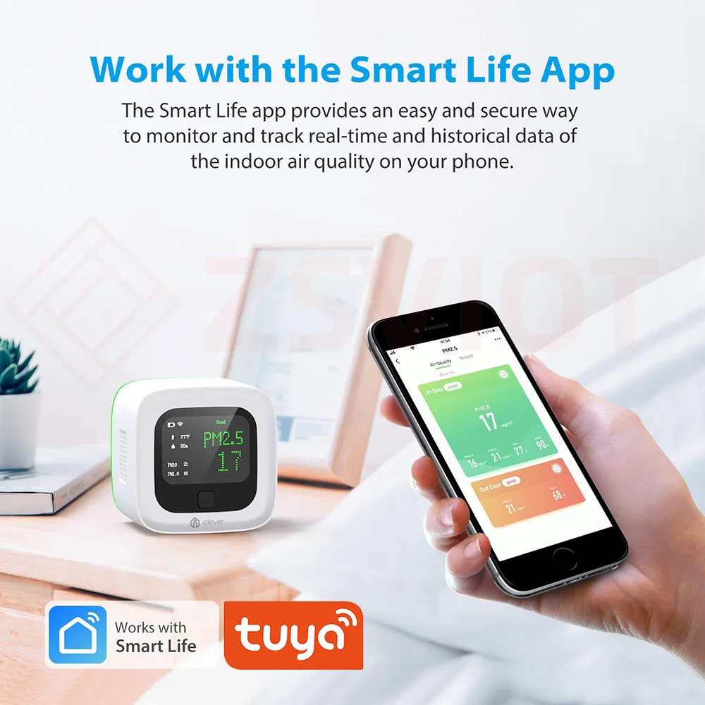 

Монитор качества воздуха Tuya WiFi PM2.5 – тестер воздуха в помещении с датчиком температуры и влажности для умного дома, экологический монитор