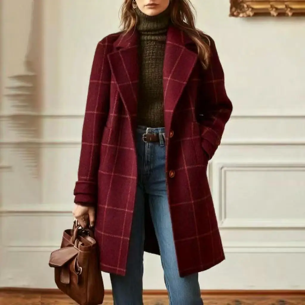 Retro Women's Plaid Coat Long Sleeve Fashion Button Pocket Fashion Simple Lapel Extra Long French Trench for Female