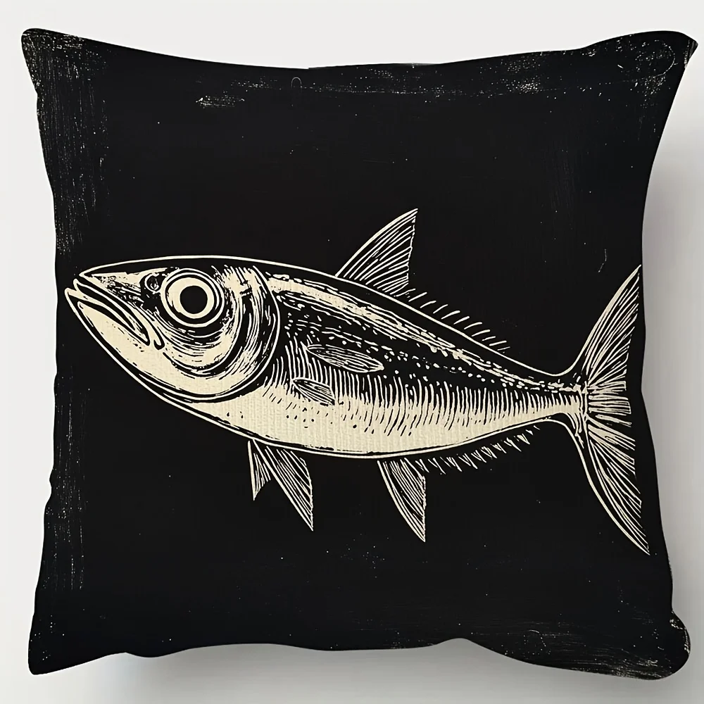Danish Woodcut Sardine Fish Pillow Cover Black Cream Linocut Print 18x18 Inch Square Nordic Home Decor
