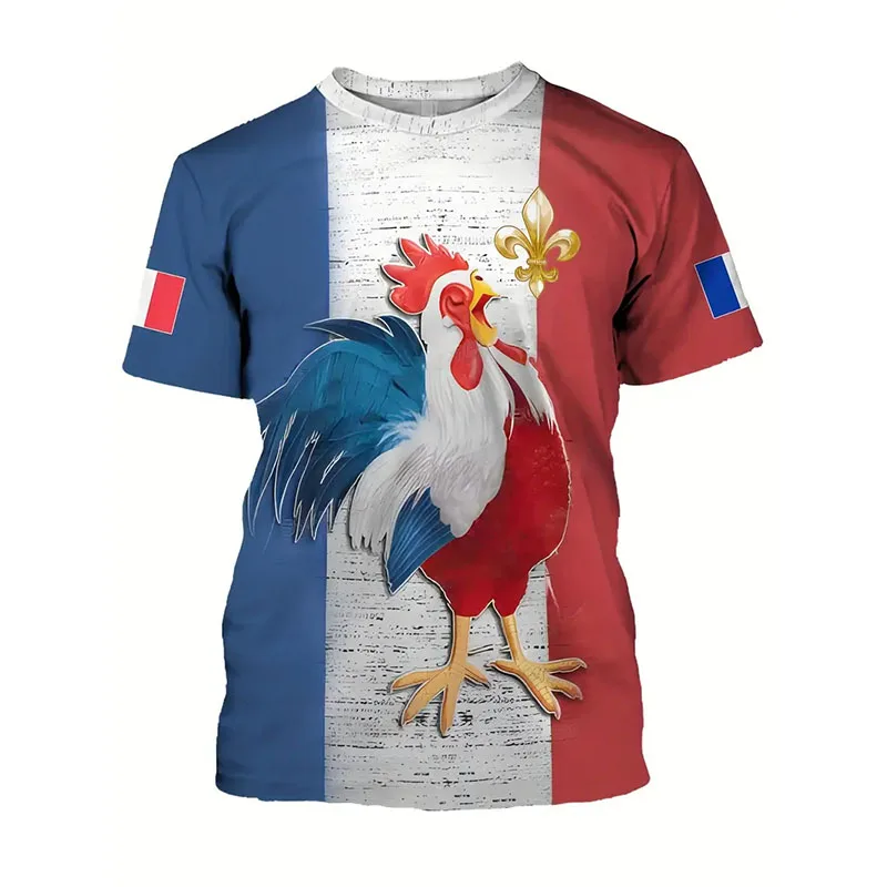 France Retro Flag Print T-shirt Street Casual Harajuku Men's Clothing Oversized T Shirts Football Cock Harajuku Pattern Tee Top
