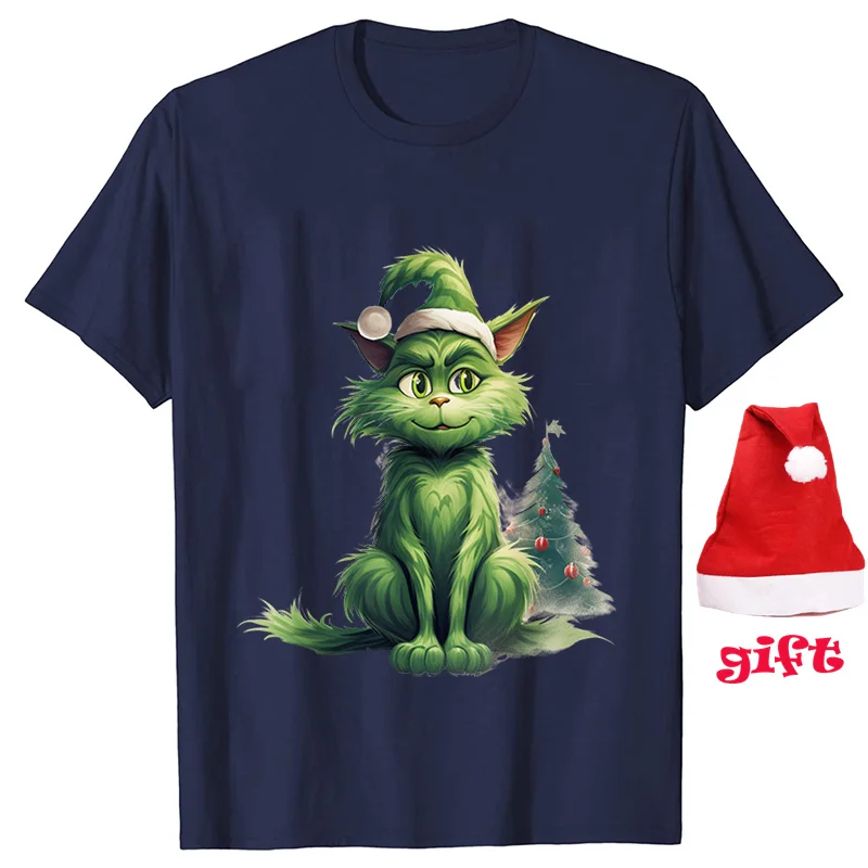 Funny Christmas Cat Gife Tops for Women Party T-Shirt Fashion Harajuku Female Clothing Short Sleeve Tees with Christmas Hats