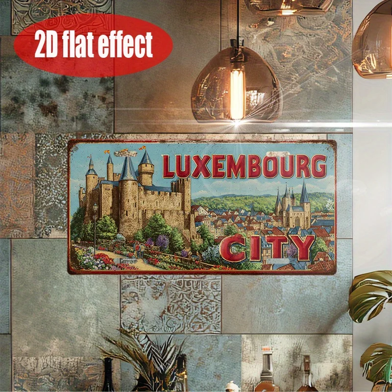 2D Flat, 2D Flat Printing, 1pc, Retro Metal Sign, Outdoor Wall Art, LUXEMBOURG CITY Sign, Vintage Style, Cityscape, Garden, Kitc