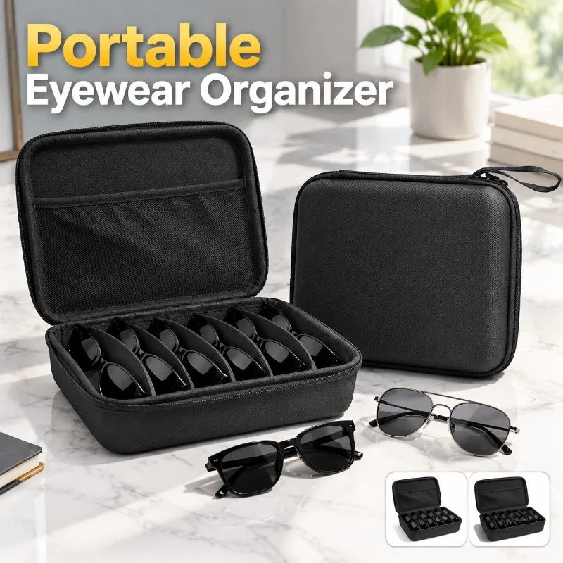 Hard‑shell Eyewear Storage Case with 6‑7 Compartments Portable Sunglasses Organizer Pouch Shock‑resistant Travel‑friendly