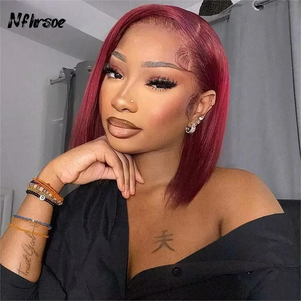 Transparent Lace Frontal Wigs Colored Brazilian Human Hair Wig Dark Purple Straight Short Bob Wear And Go Pre Plucked For Women