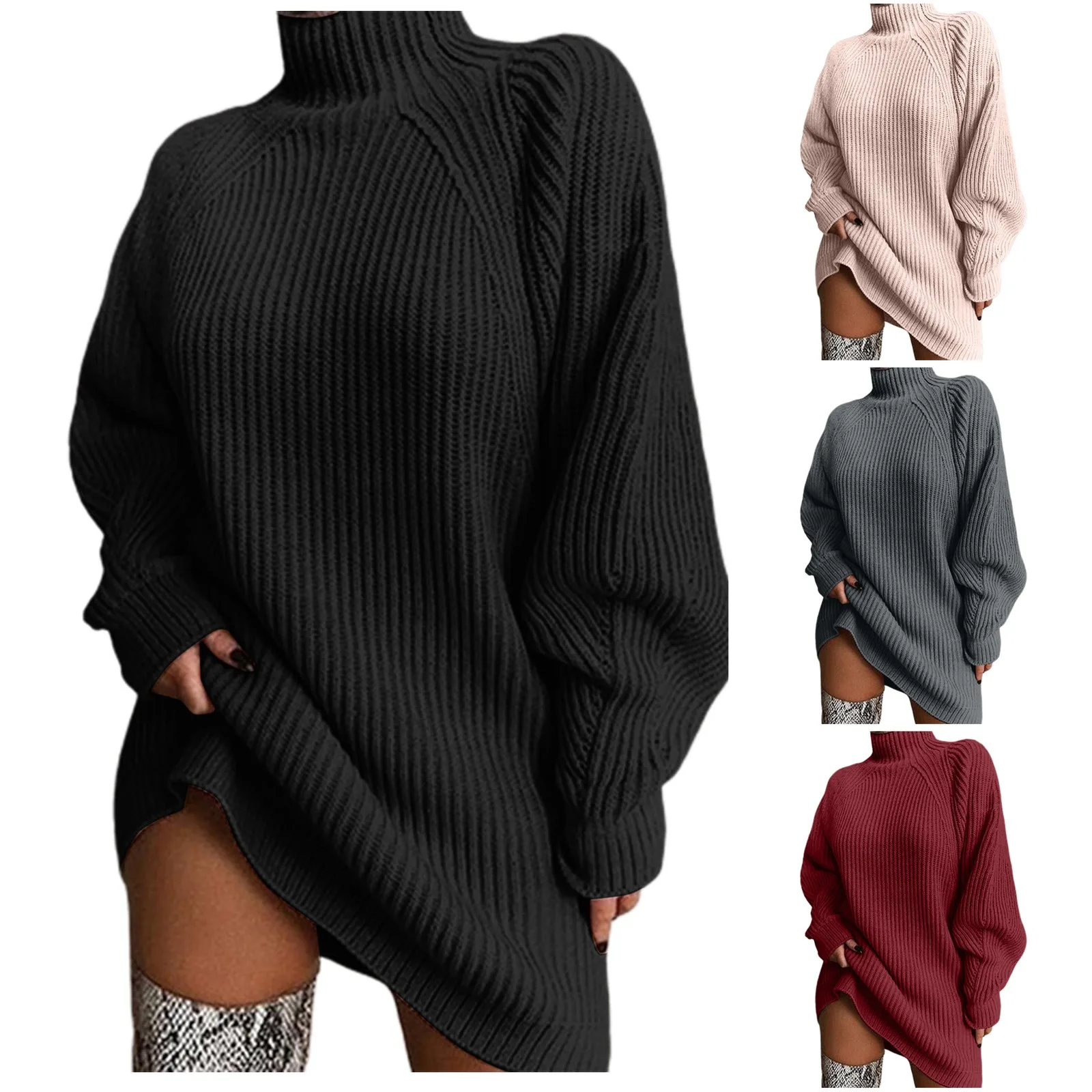 Women\'s Autumn And Winter Fashion High Neck Knitted Sweater Dress Casual Solid Color Loose Long Sleeve Warm Mid Length Dress