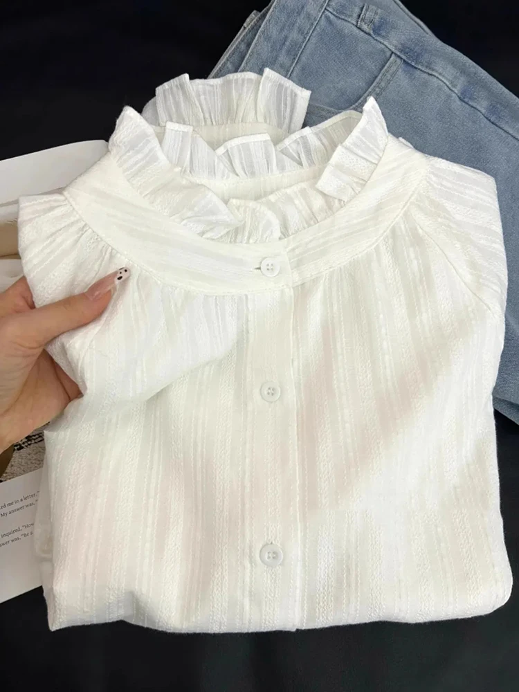 Y2K Lace Patchwork Women White Shirts Autumn Sweet Preppy Long Sleeve Tops Korean Stand Collar Single Breasted Ladies Blouse