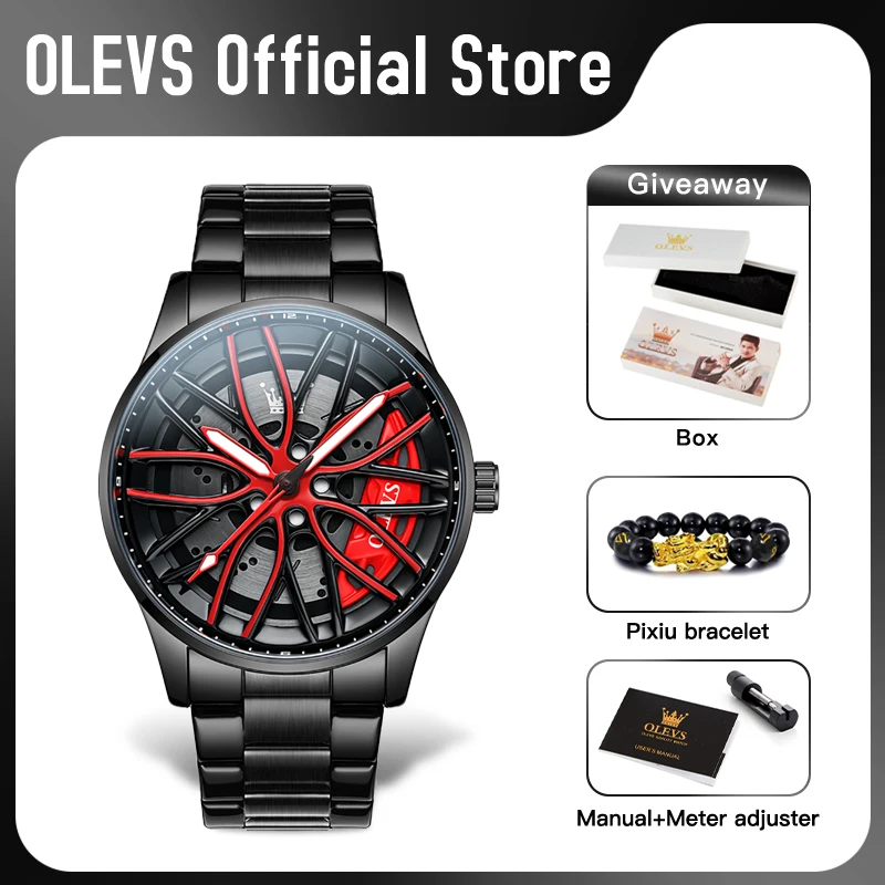 OLEVS 9937 Mens Watch Original Rotatable Wheel Hub Dial Fashion Trend Quartz Watch Waterproof Luminous Stainless Steel Reloj