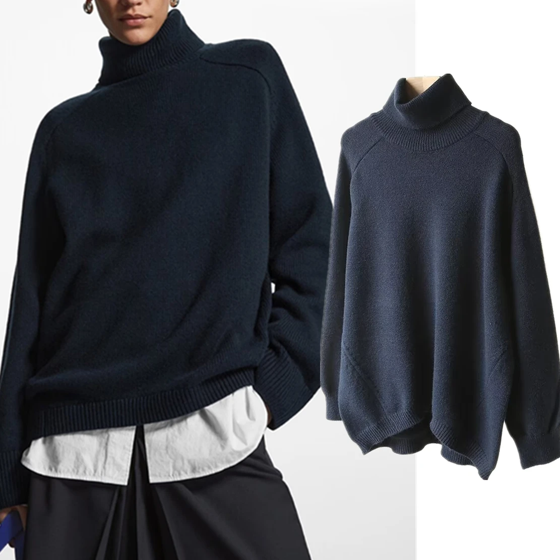 

Maxdutti Loose Knitwear Boyfriend Turtleneck Navy Sweaters Women French Vintage Wool Sweaters