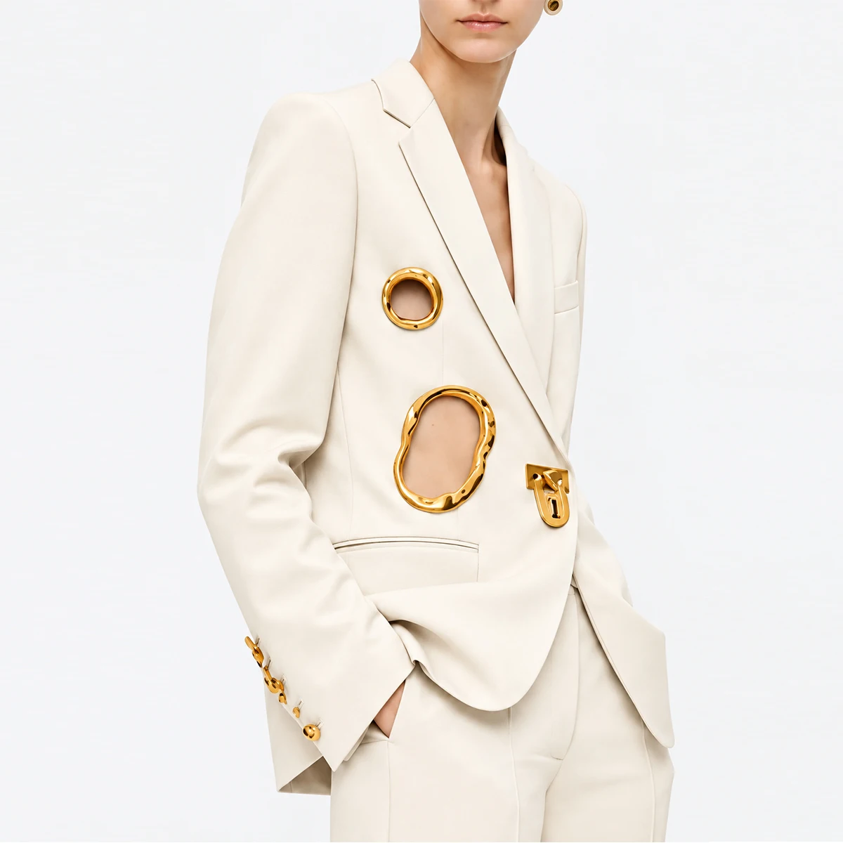 Women Blazer Gold Ring Cutout Loose Fit Suit Jacket Notched Lapel Long Sleeve Metal Clasp Pockets Party Jacket Blazer Mujer