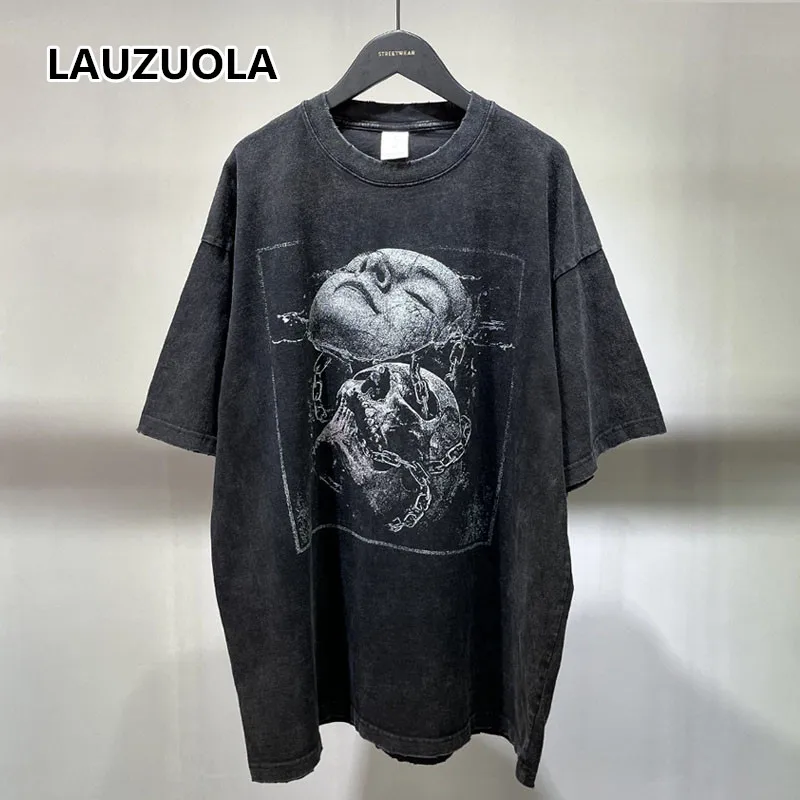 Washed Retro Human Face Skull Digital Printed T-Shirt New Summer Fashion Short Sleeve Casual Loose Oversized Shirts