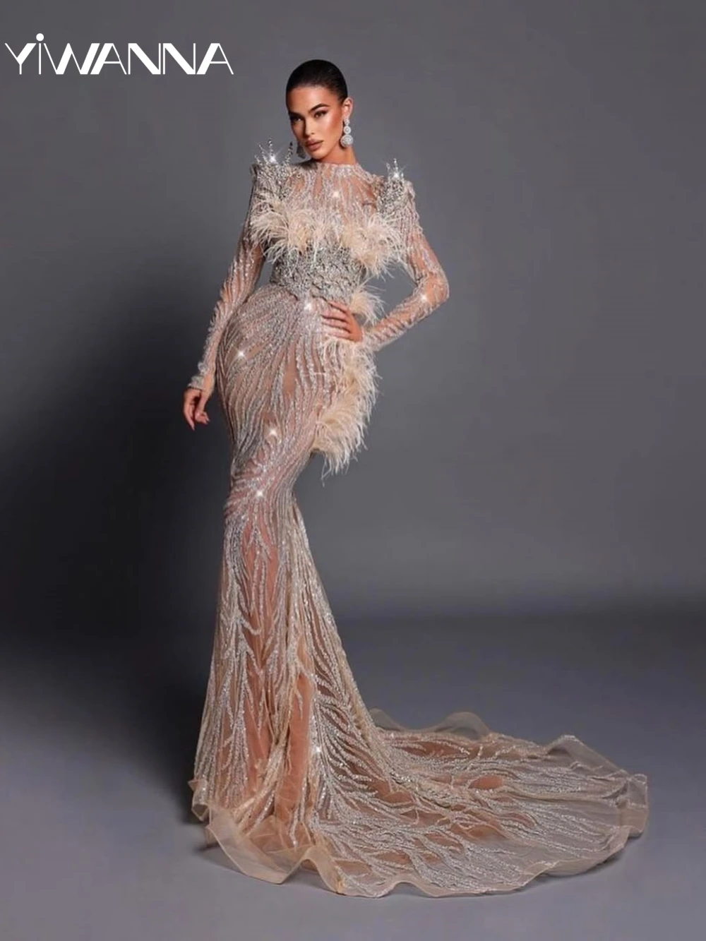 Shiny Beaded Long Sleeve Mermaid Evening Dress Gorgeous Feathers Wedding Party Gown 2025 Customized High Collar Prom Dresses