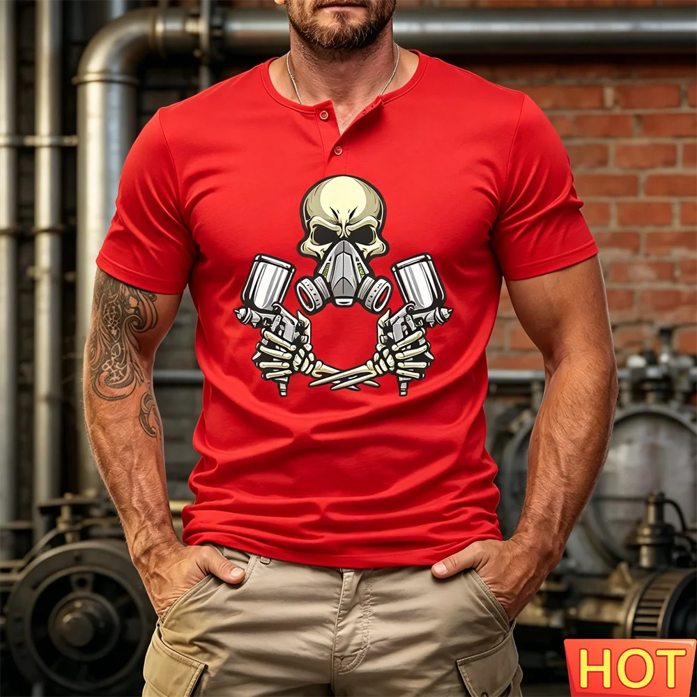 Men's button up T-shirt summer fashion Men Henry T-shirt casual cool punk skull loose Sport Henry shirt round neck short sleeved