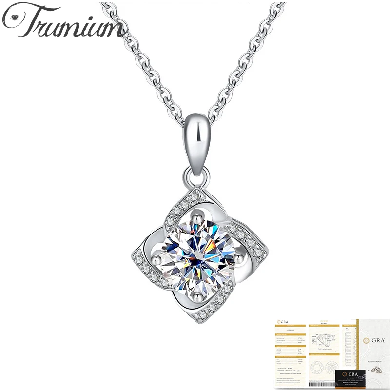 

Trumium 1CT Moissanite Clover Necklace for Women 925 Sterling Sliver Plated 18k White Gold Pendant Wedding Jewelry Certificates