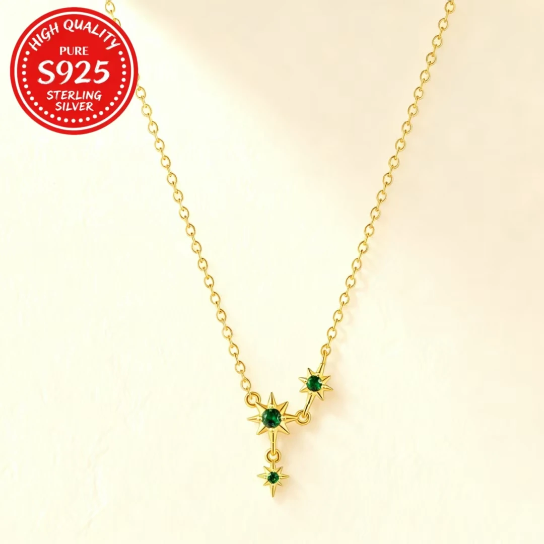 

S925 Silver 18K Gold Plated Octagram Green Zircon Necklace, Euro-American Minimalist Clavicle Chain Fall Winter Gift for Women
