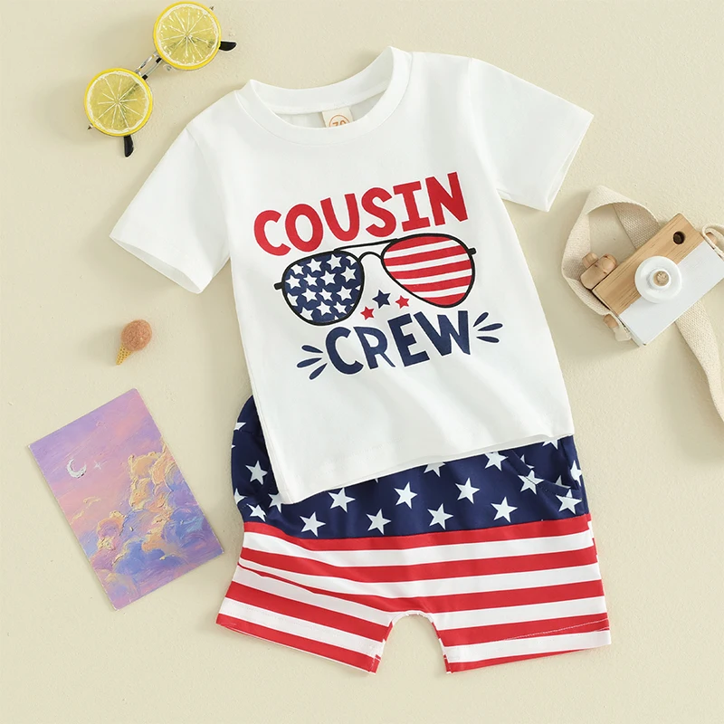 2Pcs Toddler Baby Boy Summer Clothes Cousin Crew Sunglasses Short Sleeve Tshirt Tops American Flag Shorts Set Infant 4th Of