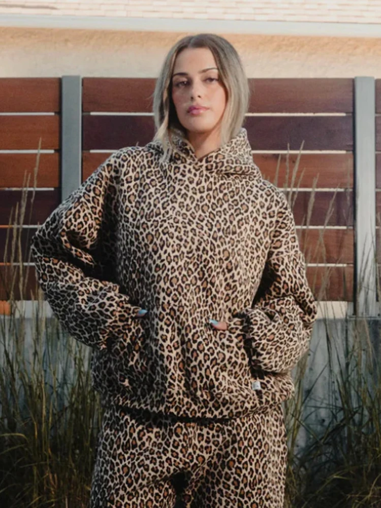 American Retro Leopard Print Hoodies Women Men Autumn Long Sleeve Tops Hood Shirt Streetwear Hip Hop Pullover Y2K Sweatshirt New