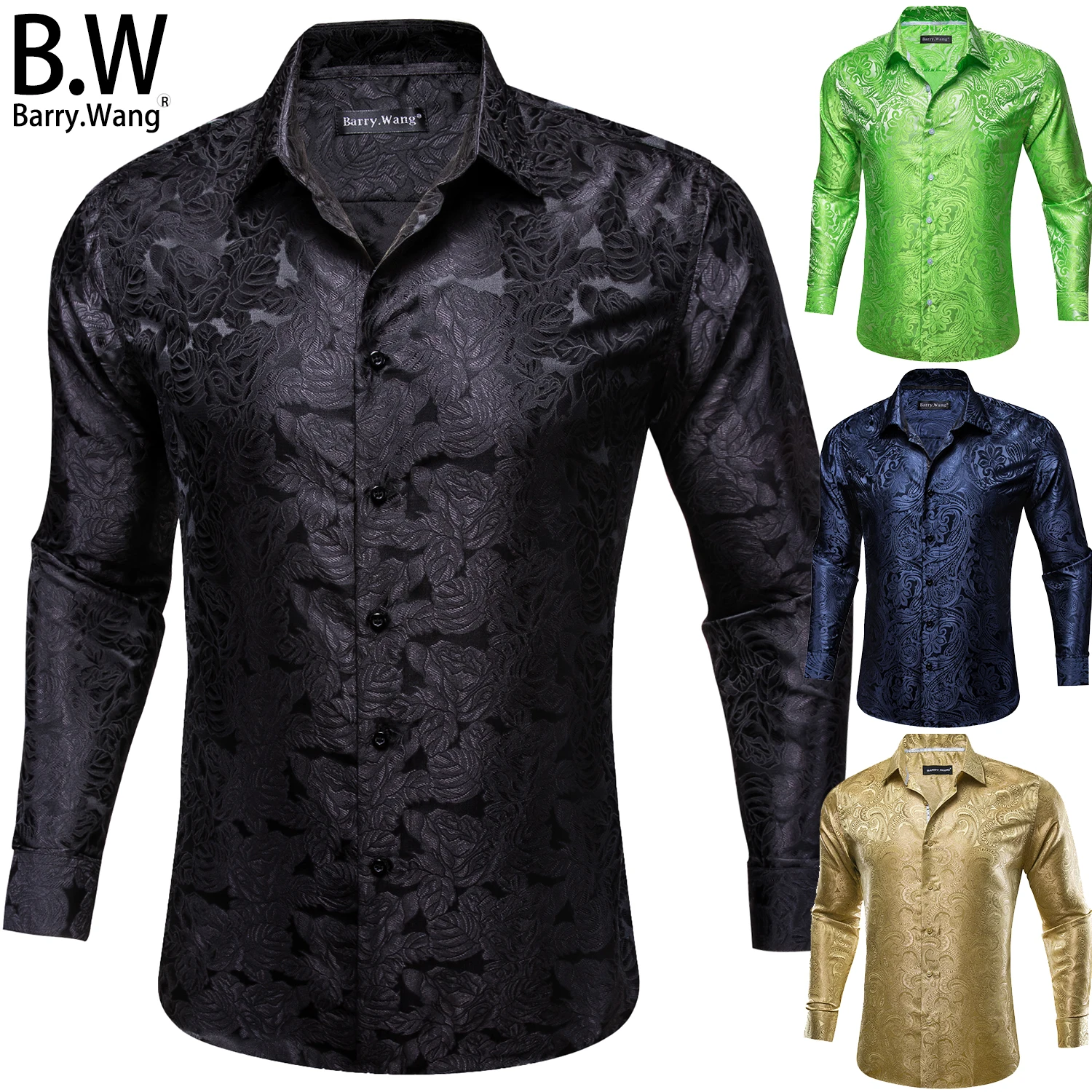 

Barry.Wang Long Sleeve Mens Shirts Jacquard Paisley Floral High Quality Silk Formal Casual Male Blouses Wedding Business Prom