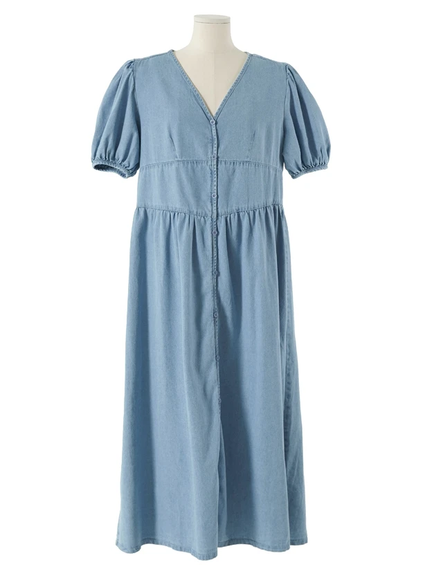 루즈핏 A라인 롱 데님 원피스 여성용 버블 소매 V넥 워싱 슬리밍 부드러운 싱글 버튼 스플릿 코튼 봄 가을