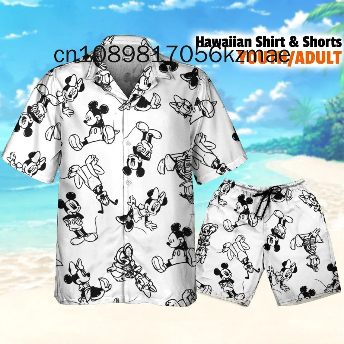 

Disney Mickey Tropical Hawaii Рубашка с шортами Повседневный комплект с короткими рукавами для пляжного отдыха Пляжные шорты Рубашка на пуговицах в стиле ретро