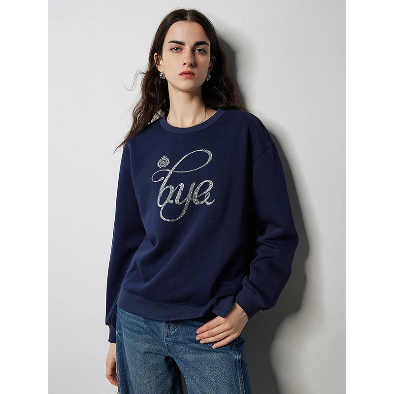 TOYOUTH Women Hoodies 2024 Autumn New Bead Letter Embroidery Round Neck Long Sleeve Cotton Comfortable Sweatshirt Tops