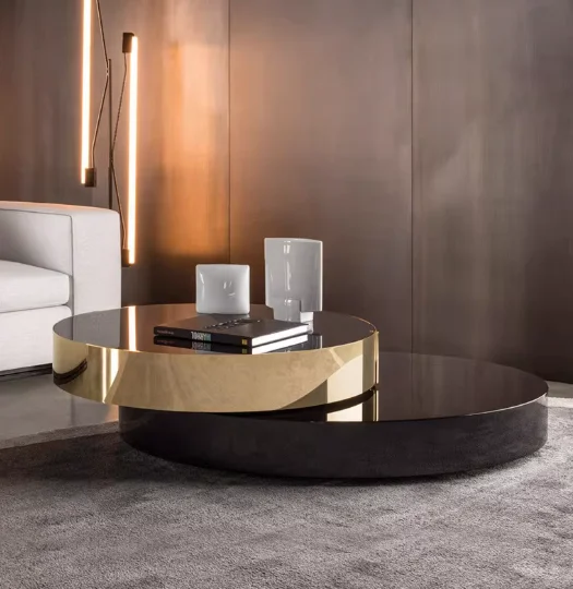 Double layered modern luxury rotating black gold coffee table, high-end stainless steel copper mirror, round