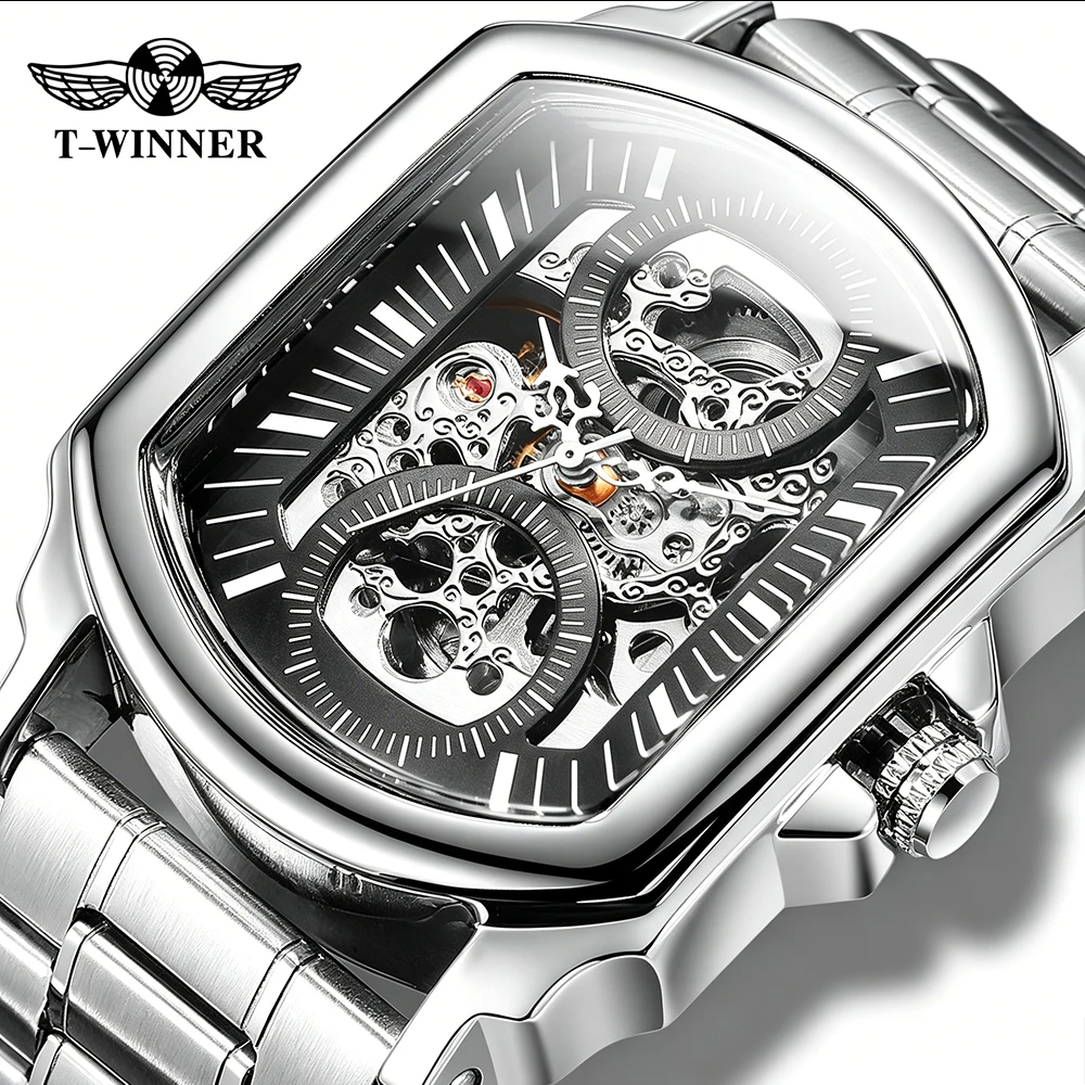 

T-WINNER Luxury Durable Man Watch Skeleton Carve Automatic Mechanical Dual Circles Stainless Steel Waterproof Racing Sport Watch