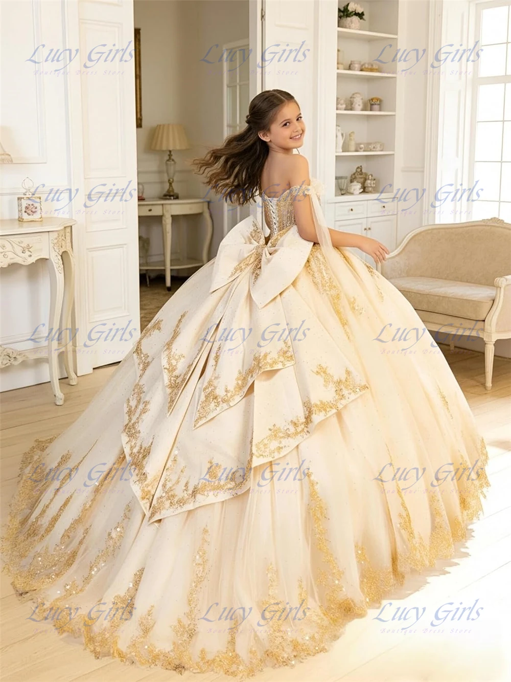 Champagne Sequin Applique Flower Girl Dress Gold Lace Pageant Dresses for Girls with Bow Off Shoulder First Communion Dresses