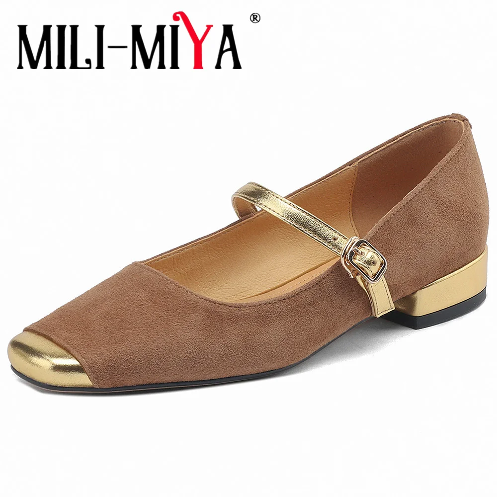 

MILI-MIYA Fashion Mixed Color Gold Cover Toe Women Kid Suede Pumps Thick Heels Buckle Strap Big Size 34-40 Casual Style For Lady