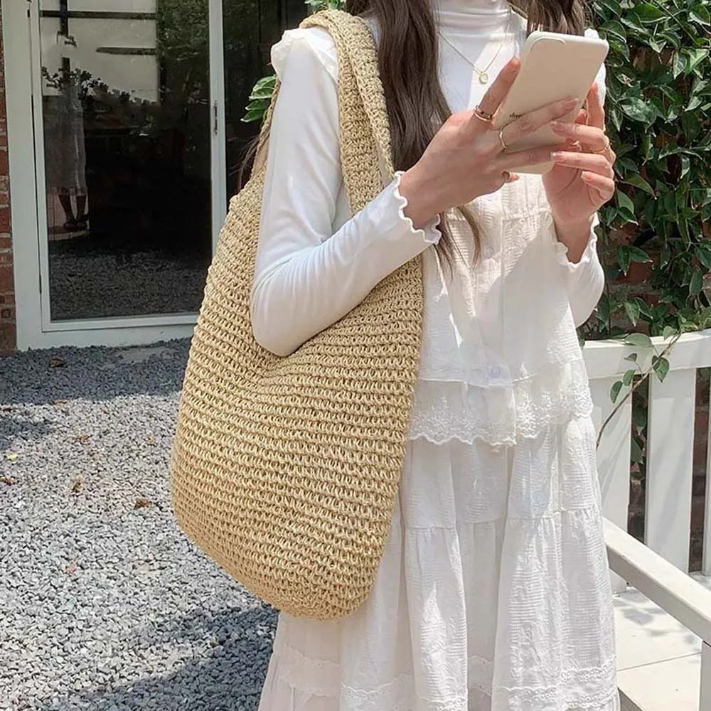 

Trendy Sweet Woven Tote Bag Hollow Out Breathable Shopping Straw Bag Beige Large Capacity Summer Beach Handbag Spring