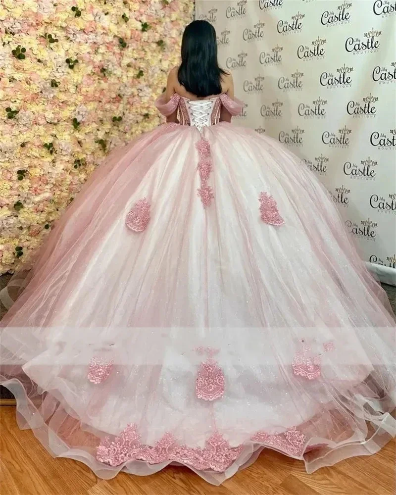 Vestido de baile de quinceañera con purpurina rosa, Vestido sin hombros, cristal dulce 16, vestidos de fiesta de cumpleaños de princesa de 15 años