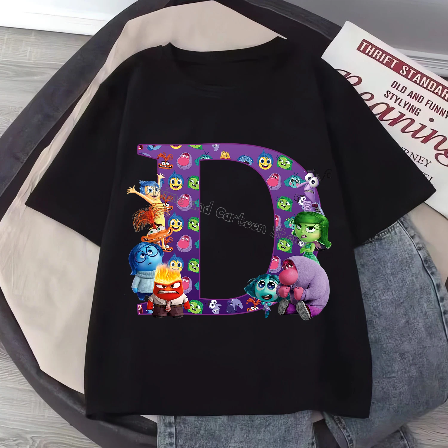 Disney Inside Out 2 T-shirt Children Letter A-Z Clothes Fashion Top Clothing New Black Cartoon Short Sleeve Summer Tee Kids Gift